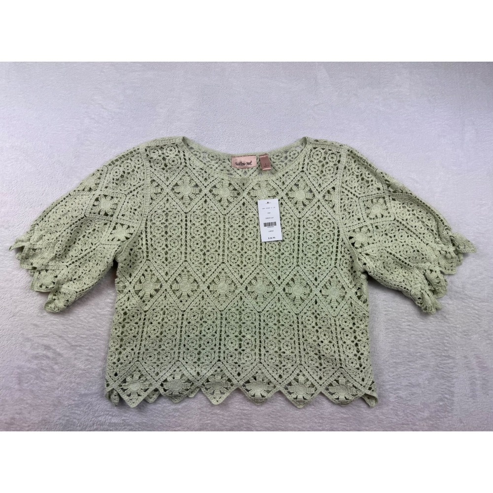 Willow & Root Womens Crochet Knit Top Green Lily Short Sleeve Scalloped L NWT